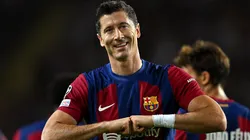 Robert Lewandowski of Barcelona celebrates after scoring the team's second goal during the UEFA Champions League Group H match between FC Barcelona and Royal Antwerp on September 19, 2023.
