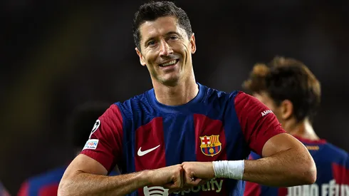 Robert Lewandowski of Barcelona celebrates after scoring the team's second goal during the UEFA Champions League Group H match between FC Barcelona and Royal Antwerp on September 19, 2023.
