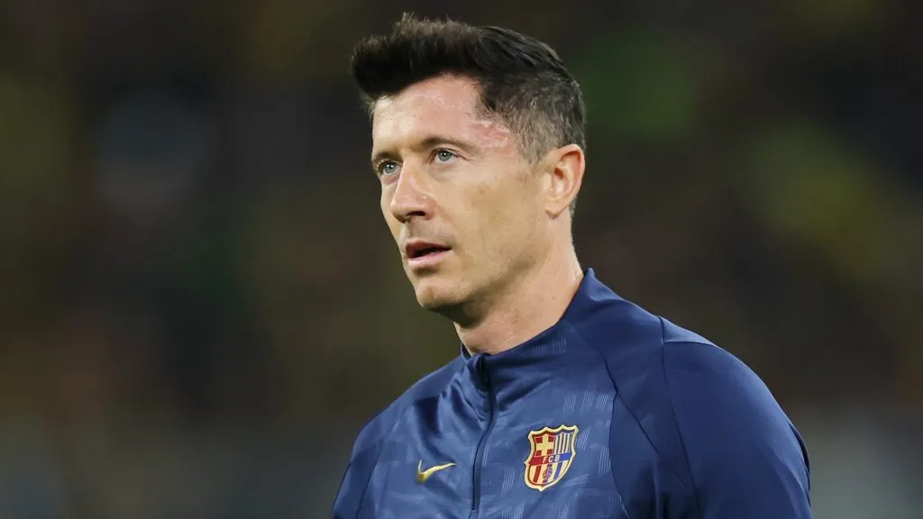 Robert Lewandowski of FC Barcelona looks on during the warm up prior to the UEFA Champions League 2024/25 Quarter Final Second Leg match in 2025. (Source: Alex Grimm/Getty Images)