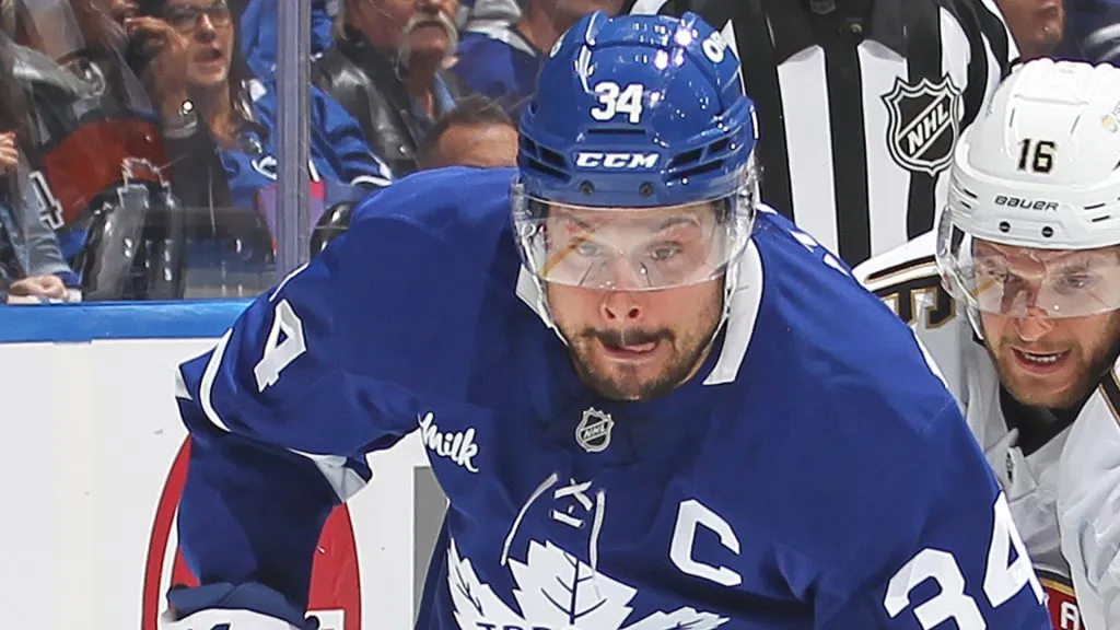 Auston Matthews #34 of the Toronto Maple Leafs skates during the second period in Game Five of the Second Round of the 2025 Stanley Cup Playoffs.