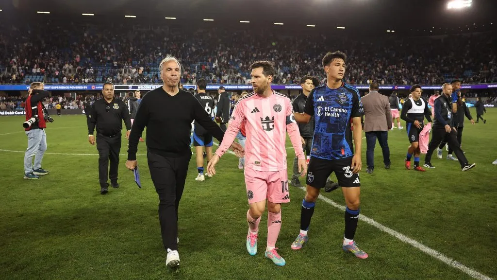 Bruce Arena, Head Coach of the San Jose Earthquakes, Lionel Messi #10 of Inter Miami CF and Beau Leroux #34 of the San Jose Earthquakes walk out the pitch
