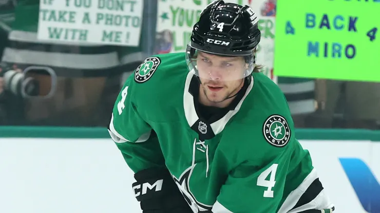 Miro Heiskanen #4 of the Dallas Stars warms up prior to Game Four of the Second Round in the 2025 Stanley Cup Playoffs against the Winnipeg Jets at American Airlines Center on May 13, 2025 in Dallas, Texas.