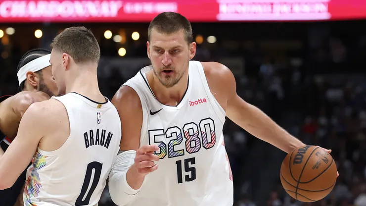 Nikola Jokic #15 of the Denver Nuggets drives to the basket during the first quarter in Game Five of the Western Conference First Round NBA Playoffs against the LA Clippers