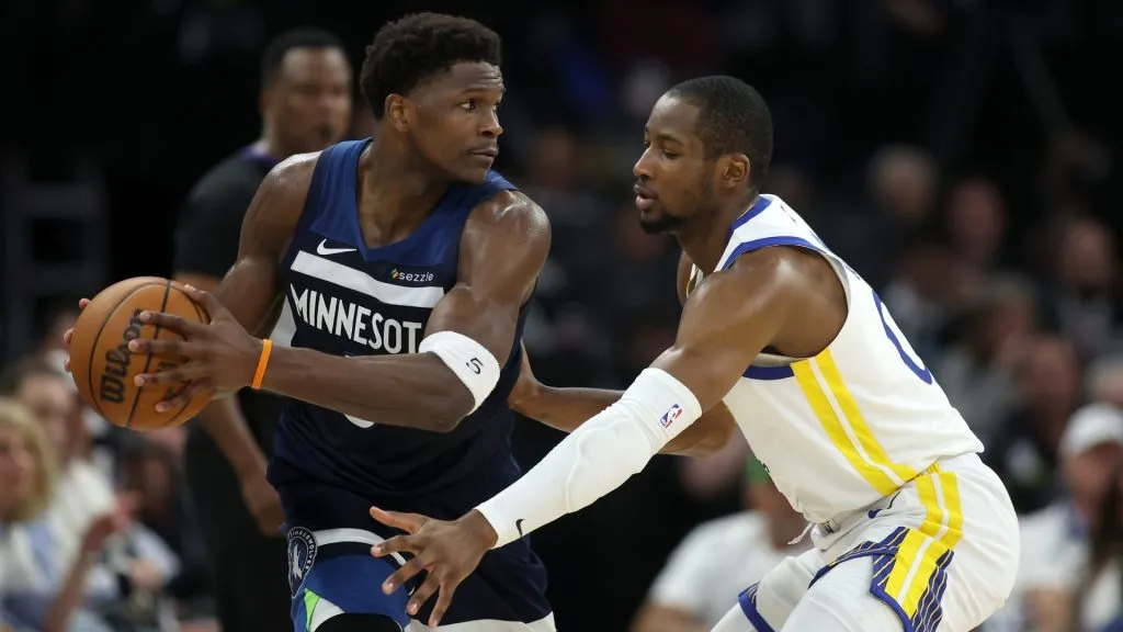 Jonathan Kuminga defends Anthony Edwards #5 of the Minnesota Timberwolves during the second quarter in Game Five of the Western Conference Second Round NBA Playoffs in 2025. (Source: Ellen Schmidt/Getty Images)