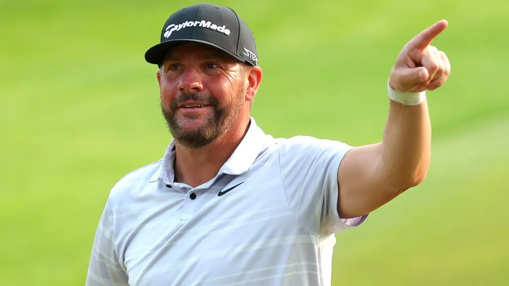 Michael Block of the United States, PGA of America Club Professional, reacts on the 18th green during the final round of the 2023 PGA Championship. (Source: Kevin C. Cox/Getty Images)