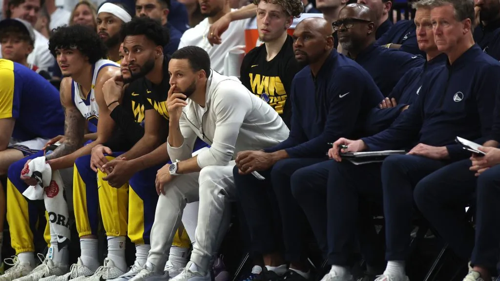 Stephen Curry #30 of the Golden State Warriors watches from the bench against the Minnesota Timberwolves during Game 5 of the NBA Playoffs. (Ellen Schmidt/Getty Images)