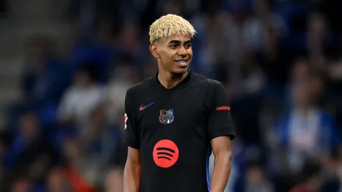 Lamine Yamal of FC Barcelona smiles during match against Espanyol