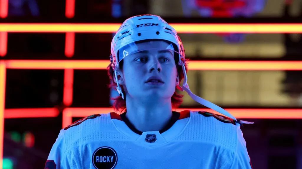Connor Bedard #98 of the Chicago Blackhawks makes his way from the locker room to the ice for warmups before the game against the Seattle Kraken at Climate Pledge Arena on December 14, 2023 in Seattle, Washington.