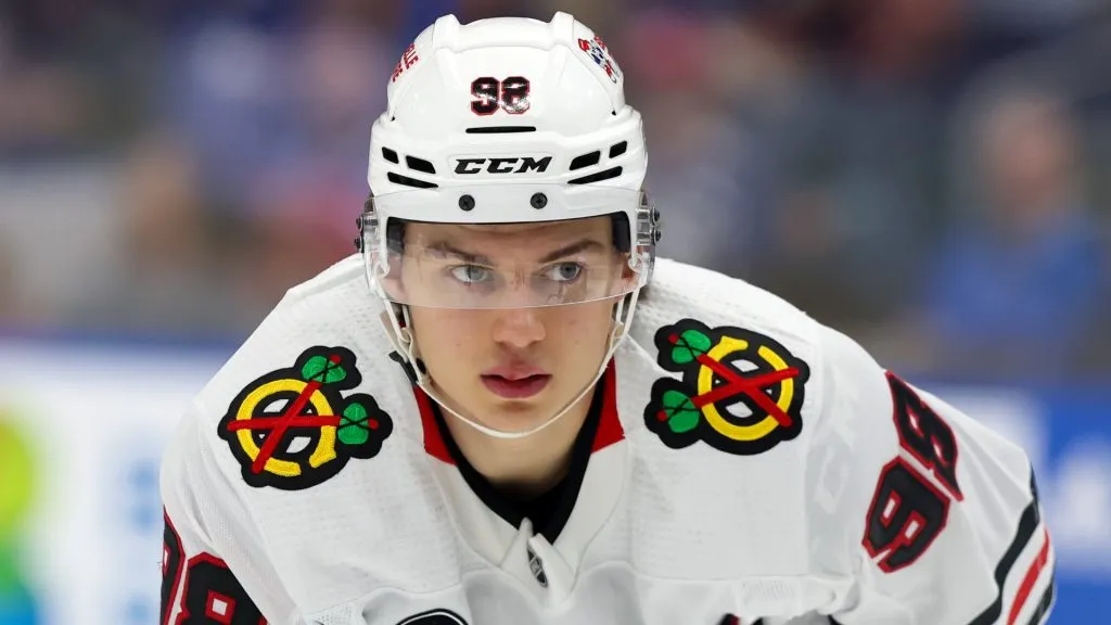 Connor Bedard #98 of the Chicago Blackhawks lines up for a face of against the Tampa Bay Lightning during the third period at the Amalie Arena on November 9, 2023 in Tampa, Florida.