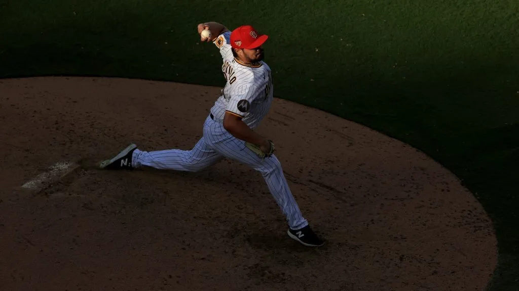 Jose Castillo #65 of the San Diego Padres pitches during a game against the Los Angeles Angels