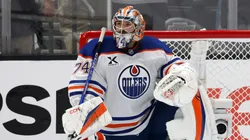 Stuart Skinner #74 of the Edmonton Oilers reacts to allowing a goal against the Los Angeles Kings during the third period in Game Two of the First Round of the 2025 Stanley Cup Playoffs.