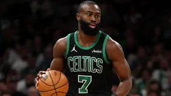 Jaylen Brown #7 of the Boston Celtics dribbles against the Orlando Magic in Game Five of the Eastern Conference First Round NBA Playoffs at TD Garden on April 29, 2025.