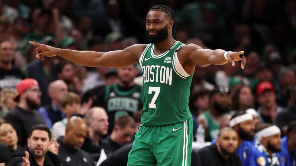 Jaylen Brown #7 of the Boston Celtics reacts after a play against the Dallas Mavericks during the fourth quarter of Game Five of the 2024 NBA Finals. (Source: Elsa/Getty Images)