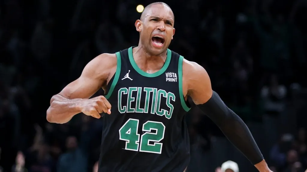 Al Horford #42 of the Boston Celtics celebrates a win against the Cleveland Cavaliers in Game Five of the Eastern Conference Second Round Playoffs at TD Garden on May 15, 2024. (Source: Adam Glanzman/Getty Images)