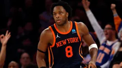 OG Anunoby #8 of the New York Knicks reacts after scoring during the first half against the Denver Nuggets at Madison Square Garden on January 25, 2024.