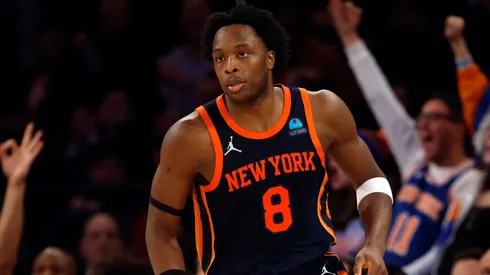 OG Anunoby #8 of the New York Knicks reacts after scoring during the first half against the Denver Nuggets at Madison Square Garden on January 25, 2024.
