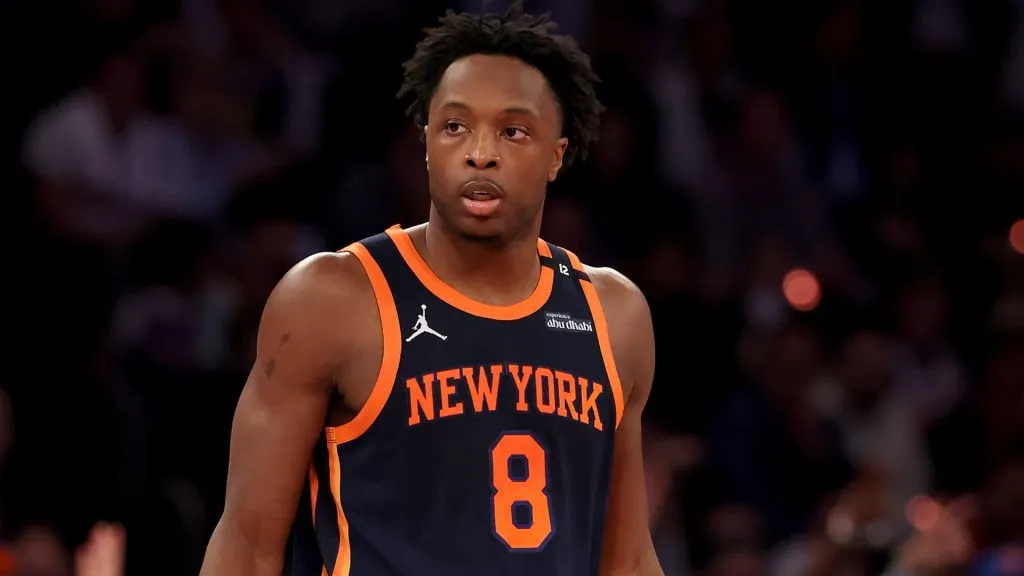OG Anunoby #8 of the New York Knicks reacts after a shot in the first half against the Boston Celtics in Game Four of the Eastern Conference Second Round NBA Playoffs in 2025. (Source: Elsa/Getty Images)
