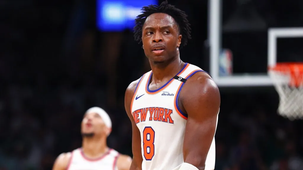 Anunoby #8 of the New York Knicks reacts during the third quarter against the Boston Celtics in Game Two of the Eastern Conference Second Round NBA Playoffs on May 07, 2025. (Source: Maddie Meyer/Getty Images)