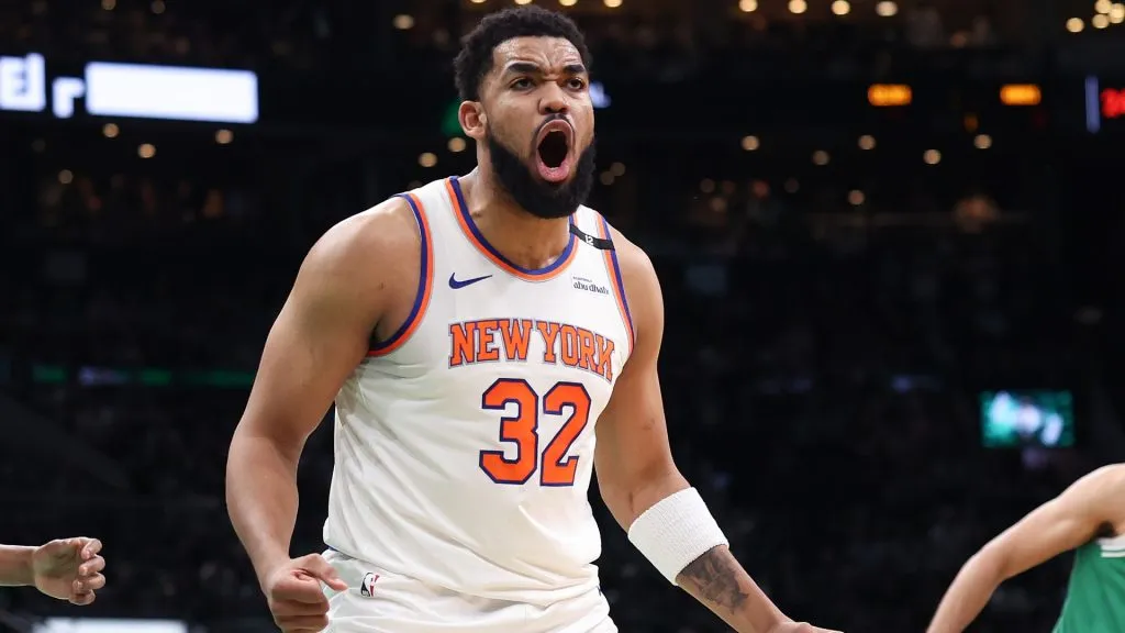Karl-Anthony Towns #32 of the New York Knicks reacts during the first quarter against the Boston Celticsn Game Two of the Eastern Conference Second Round NBA Playoffs in 2025. (Source: Maddie Meyer/Getty Images)