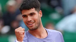 Carlos Alcaraz of Spain celebrates winning match point against Francisco Cerundolo.