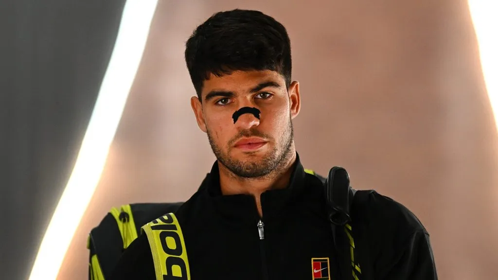Carlos Alcaraz looks on before walking out on court prior to the Men’s Singles Second Round match against Dusan Lajovic during Day Five of the Internazionali BNL D’Italia 2025. (Source: Clive Mason/Getty Images)