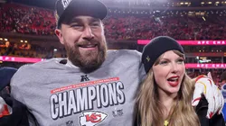 Taylor Swift celebrates with Travis Kelce #87 of the Kansas City Chiefs after defeating the Buffalo Bills 32-29 in the AFC Championship Game at GEHA Field at Arrowhead Stadium on January 26, 2025.