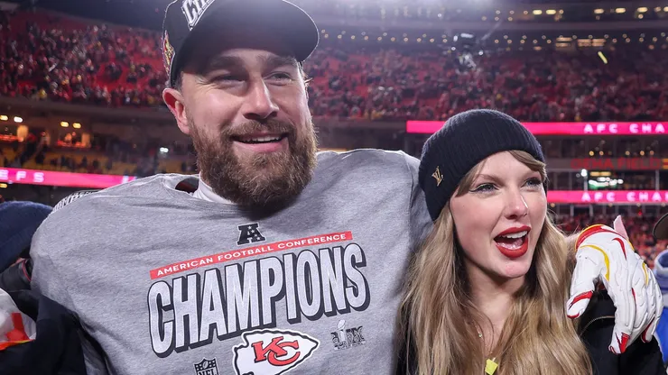 Taylor Swift celebrates with Travis Kelce #87 of the Kansas City Chiefs after defeating the Buffalo Bills 32-29 in the AFC Championship Game at GEHA Field at Arrowhead Stadium on January 26, 2025.