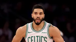 Jayson Tatum #0 of the Boston Celtics reacts after a shot in the first quarter against the New York Knicks in Game Four