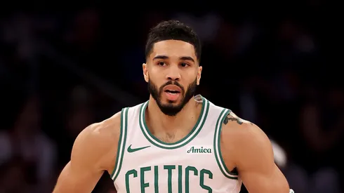 Jayson Tatum #0 of the Boston Celtics reacts after a shot in the first quarter against the New York Knicks in Game Four