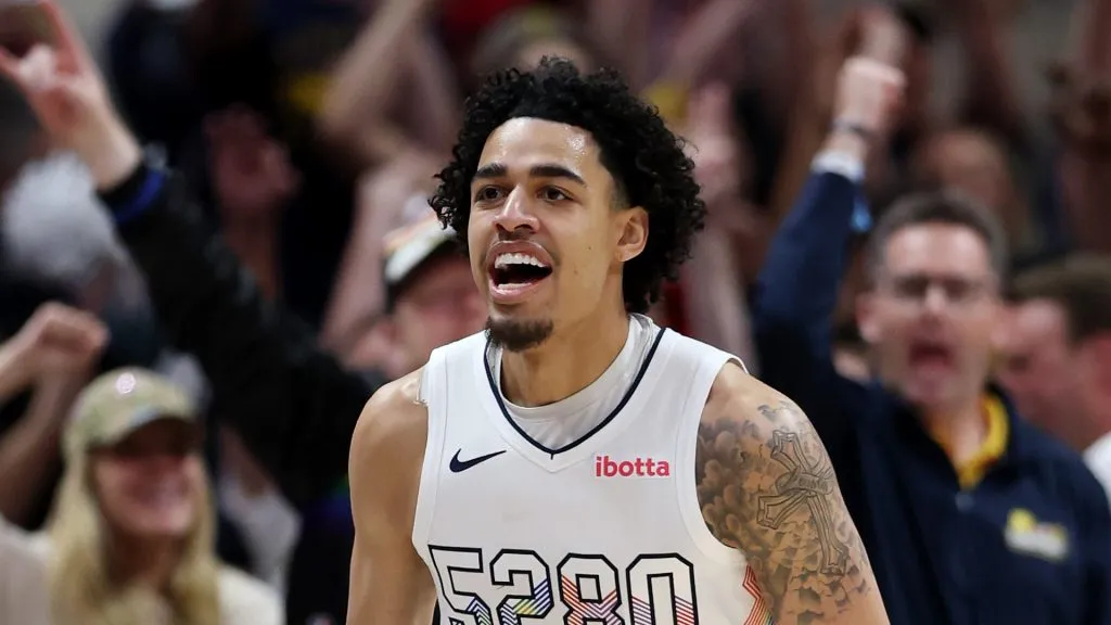 Julian Strawther #3 of the Denver Nuggets celebrates after making a three-point basket against the Oklahoma City Thunder during the third quarter in Game Six of the Western Conference Second Round NBA Playoffs