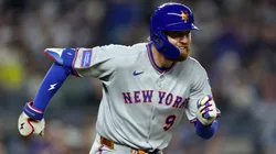Brandon Nimmo #9 of the New York Mets hits an RBI single allowing Juan Soto #22 (not pictured) to score during the fourth inning against the New York Yankees at Yankee Stadium on May 16, 2025 in the Bronx borough of New York City.