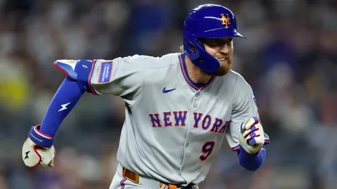 Brandon Nimmo #9 of the New York Mets hits an RBI single allowing Juan Soto #22 (not pictured) to score during the fourth inning against the New York Yankees at Yankee Stadium on May 16, 2025 in the Bronx borough of New York City.