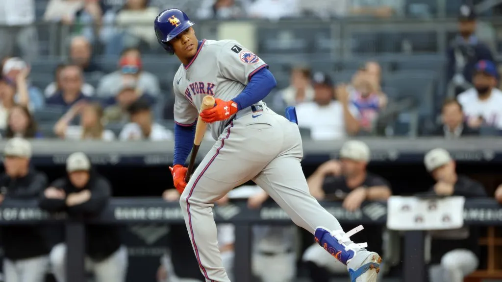 Juan Soto #22 of the New York Mets is walked during the first inning against the New York Yankees at Yankee Stadium