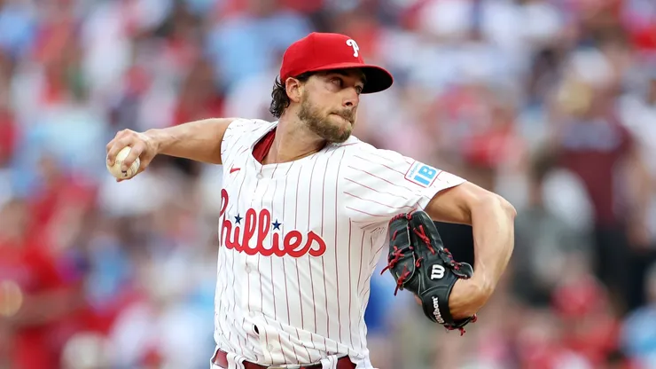 Aaron Nola #27 of the Philadelphia Phillies pitches in the second inning against the Arizona Diamondbacks at Citizens Bank Park on May 03, 2025 in Philadelphia, Pennsylvania.