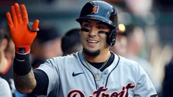 Javier Báez #28 of the Detroit Tigers celebrates a home run against the Los Angeles Angels in the third inning at Angel Stadium of Anaheim on May 01, 2025 in Anaheim, California.