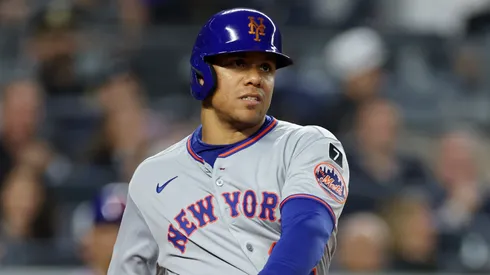 Juan Soto #22 of the New York Mets swings at bat during the fourth inning against the New York Yankees at Yankee Stadium on May 16, 2025.