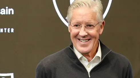 John Spytek (L) and Pete Carroll attend a news conference introducing Spytek as the general manager and Carroll as the head coach of the Las Vegas Raiders at the Las Vegas Raiders Headquarters/Intermountain Healthcare Performance Center on January 27, 2025 in Henderson, Nevada.