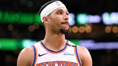 Josh Hart #3 of the New York Knicks looks on against the Boston Celtics