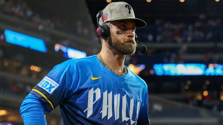 : Bryce Harper #3 of the Philadelphia Phillies reacts after hitting his 1000th RBI of his career in the fifth inning against the Pittsburgh Pirates.