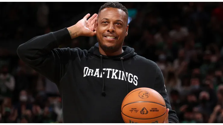 Former member of the Boston Celtics Paul Pierce is introduced before the Celtics home opener at TD Garden on October 22, 2021 in Boston, Massachusetts.