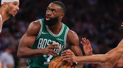 Mikal Bridges #25 of the New York Knicks strips the ball from Jaylen Brown #7 of the Boston Celtics during the third quarter in Game Six of the Eastern Conference Second Round NBA Playoffs at Madison Square Garden on May 16, 2025 in New York City.