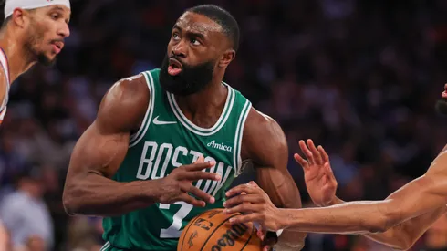 Mikal Bridges #25 of the New York Knicks strips the ball from Jaylen Brown #7 of the Boston Celtics during the third quarter in Game Six of the Eastern Conference Second Round NBA Playoffs at Madison Square Garden on May 16, 2025 in New York City.