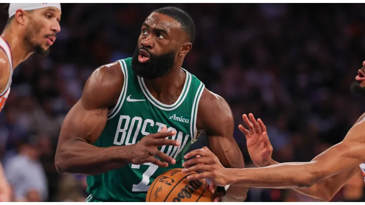 Mikal Bridges #25 of the New York Knicks strips the ball from Jaylen Brown #7 of the Boston Celtics during the third quarter in Game Six of the Eastern Conference Second Round NBA Playoffs at Madison Square Garden on May 16, 2025 in New York City.