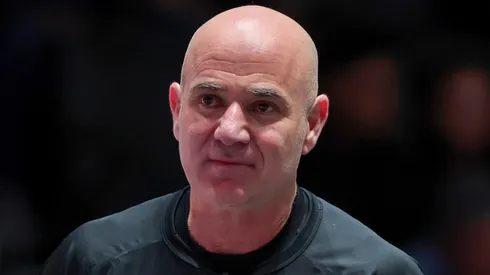 Andre Agassi looks on during his singles match against Andy Roddick during Pickleball Slam 3.