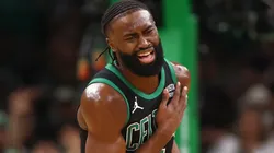 Jaylen Brown #7 of the Boston Celtics reacts after sustaining an apparent injury during the second quarter in Game Two of the Eastern Conference Finals against the Indiana Pacers at TD Garden on May 23, 2024 in Boston, Massachusetts.