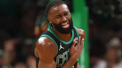 Jaylen Brown #7 of the Boston Celtics reacts after sustaining an apparent injury during the second quarter in Game Two of the Eastern Conference Finals against the Indiana Pacers at TD Garden on May 23, 2024 in Boston, Massachusetts.