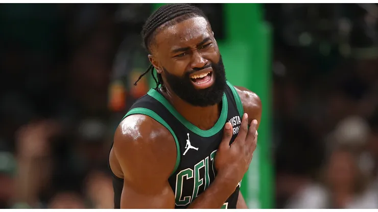 Jaylen Brown #7 of the Boston Celtics reacts after sustaining an apparent injury during the second quarter in Game Two of the Eastern Conference Finals against the Indiana Pacers at TD Garden on May 23, 2024 in Boston, Massachusetts.