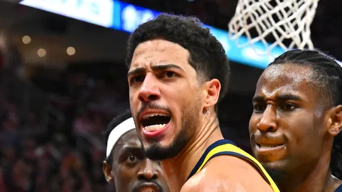 Tyrese Haliburton #0 of the Indiana Pacers celebrates with Pascal Siakam #43 and Aaron Nesmith #23 after making a basket against the Cleveland Cavaliers during the fourth quarter in Game Five of the Eastern Conference Second Round NBA Playoffs