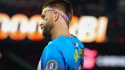 PHILADELPHIA, PENNSYLVANIA - MAY 16: Bryce Harper #3 of the Philadelphia Phillies salutes to the crowd after hitting his 1000th RBI of his career in the fifth inning against the Pittsburgh Pirates at Citizens Bank Park on May 16, 2025 in Philadelphia, Pennsylvania.