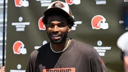 Shedeur Sanders #12 of the Cleveland Browns answers questions from the media during a press conference prior to rookie minicamp at CrossCountry Mortgage Campus on May 10, 2025 in Berea, Ohio.